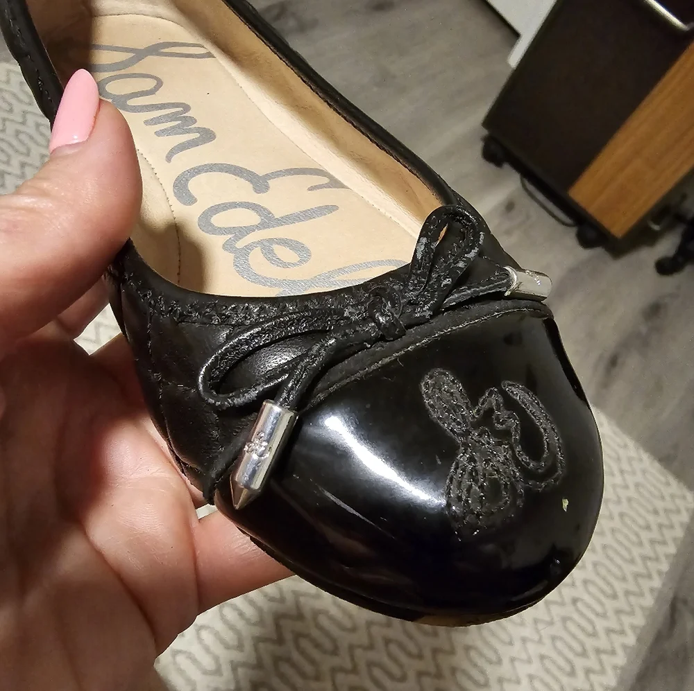 SAM EDELMAN quilted black leather flats with lace bow. Used size 5